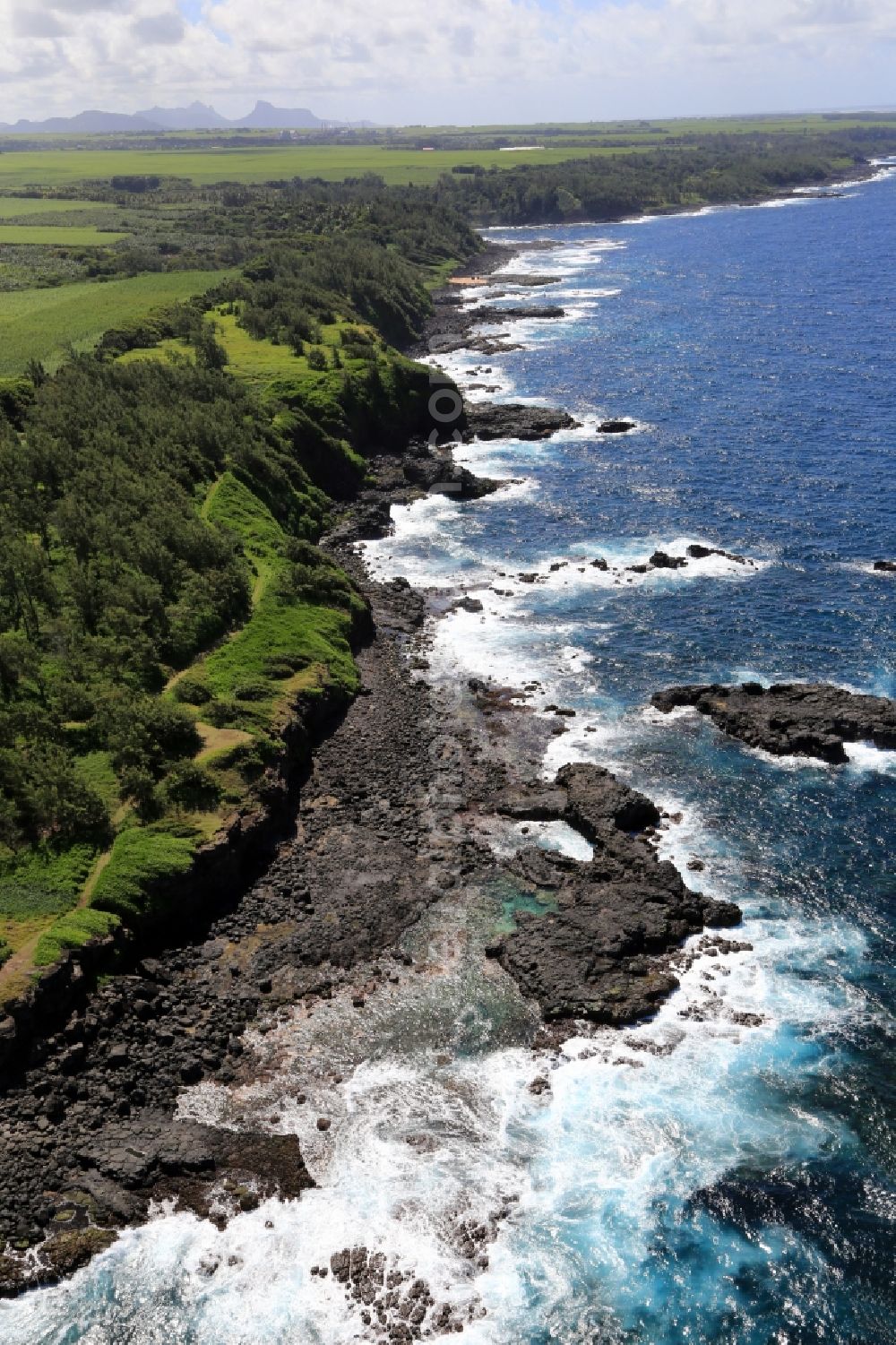 Aerial image L'Escalier - Typical rocky coast at L'Escalier at the south coast of the island Mauritius in the Indian Ocean