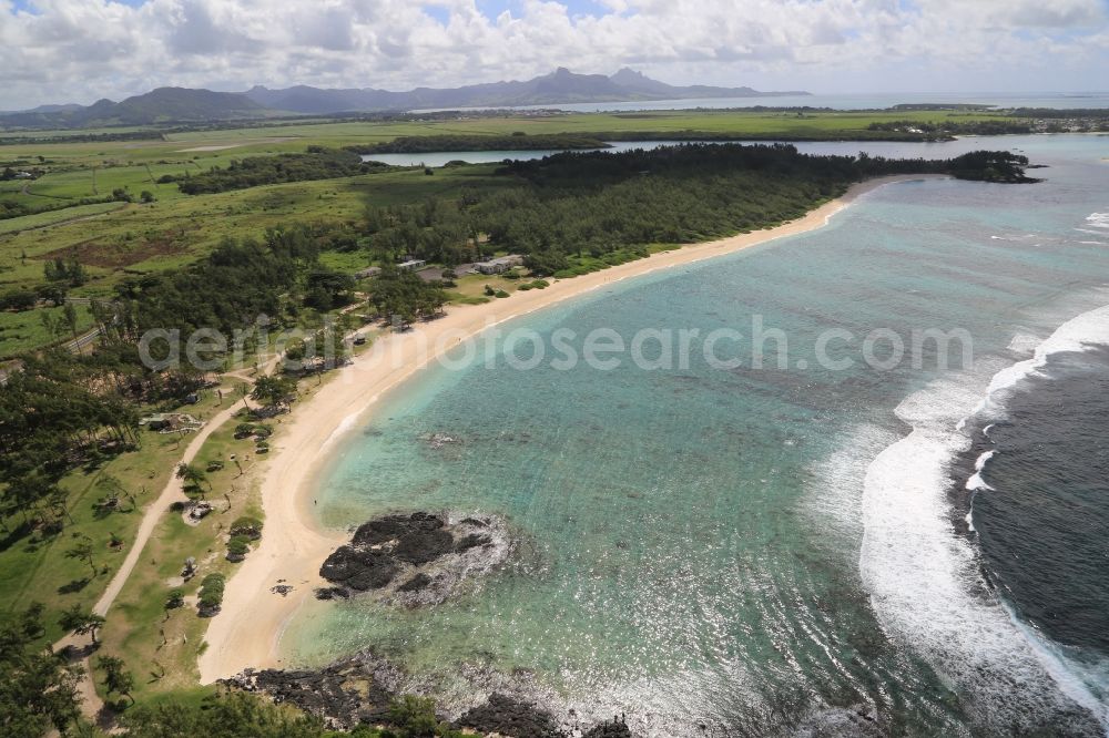 Mon Desert from the bird's eye view: Beach, lagoon and coral reef at Mon Desert on the island Mauritius in the Indian Ocean