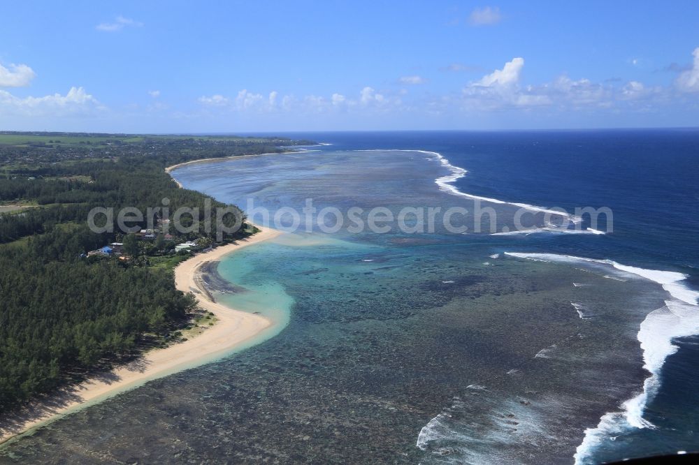 Aerial image Pomponnette - Beach, lagoon and coral reef at Pomponnette at the south coast of the island Mauritius in the Indian Ocean