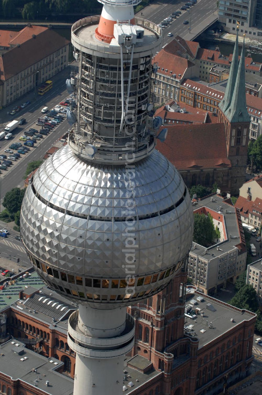 Berlin from above - Blick auf die Kugel des Berliner Fernsehturm in Mitte, dem Wahrzeichen der Touristenmetropole Deutschlands. View of the ball of the Berlin TV tower in the middle, the symbol of the tourist metropolis of Germany.