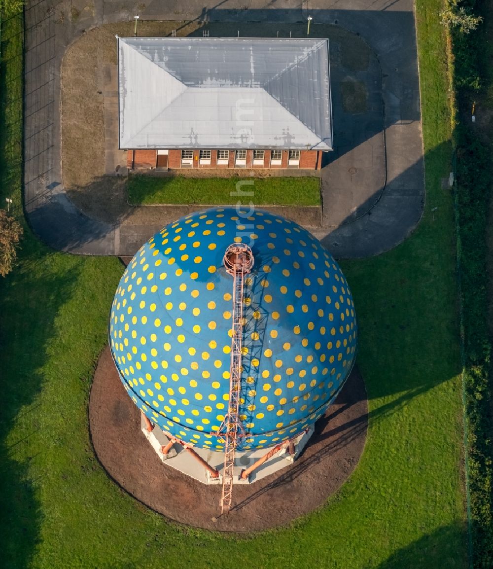 Gelsenkirchen from the bird's eye view: Ball gas tank at the Adenauerallee in Gelsenkirchen in the state of North Rhine-Westphalia, Germany