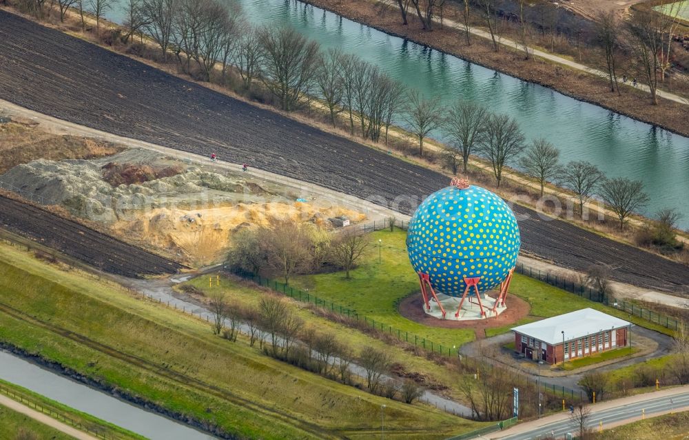 Gelsenkirchen from the bird's eye view: Ball gas tank at the Adenauerallee in Gelsenkirchen in the state of North Rhine-Westphalia, Germany