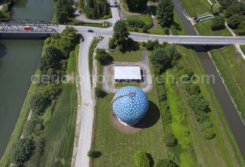 Gelsenkirchen from the bird's eye view: Spherical gas container on the Rhine - Herne - canal in Gelsenkirchen in North Rhine-Westphalia