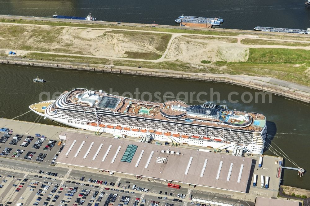 Hamburg from above - Kuhwerder and cruise Terminal MSC Preziosa in Hamburg-Mitte / Steinwerder. A project of the Hamburg Port Authority HPA