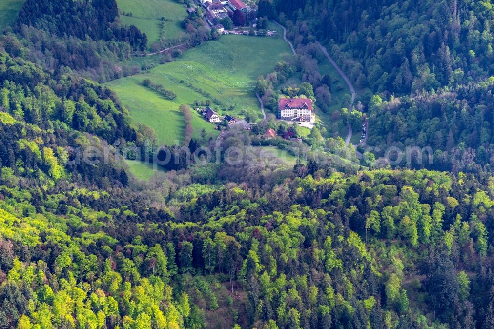 Aerial image Glottertal - House, facades and streets of the film scene of Schwarzwaldklinik in Glottertal in the state Baden-Wurttemberg, Germany