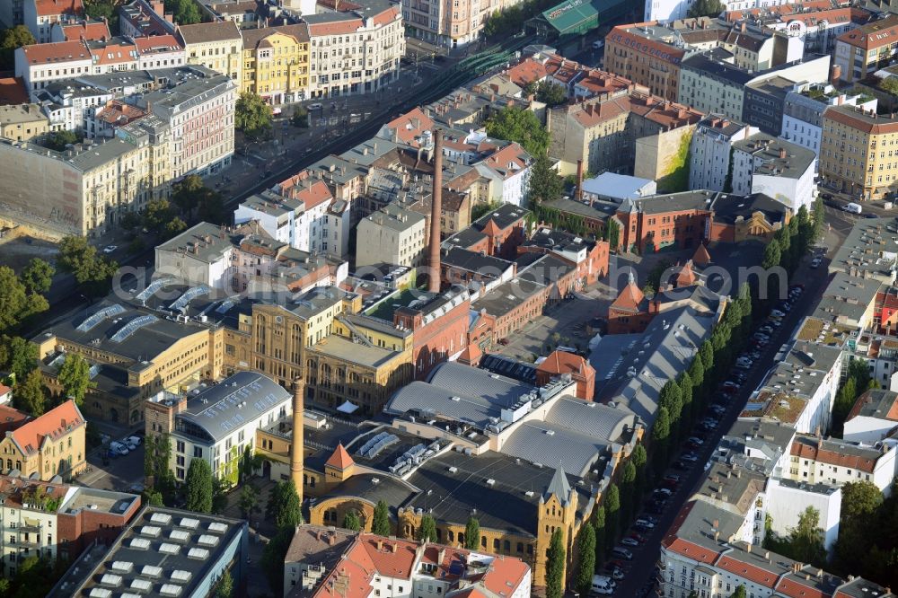 Berlin Prenzlauer Berg from above - Kulturbrauerei Berlin evolved from a brewery to a cultural place. It contains a cinema, theatre, rehearsal rooms, and venues like the so called Kesselhaus or Frannz Klub and much more. It is situated near Schoenhauser Allee