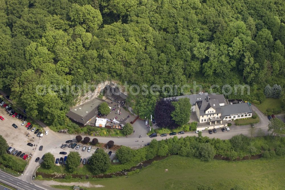 Balve from the bird's eye view: 06/02/2012 Balve The entrance to the cave culture / Balver cave in the state of North Rhine-Westphalia. The cave is in the Balver Hönnetal Balve located in karst cave, which is used for cultural events. It is the largest open cave hall in Europe