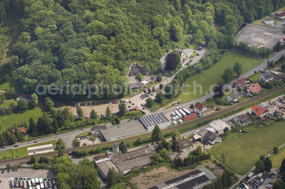 Balve from the bird's eye view: 06/02/2012 Balve The entrance to the cave culture / Balver cave in the state of North Rhine-Westphalia. The cave is in the Balver Hönnetal Balve located in karst cave, which is used for cultural events. It is the largest open cave hall in Europe