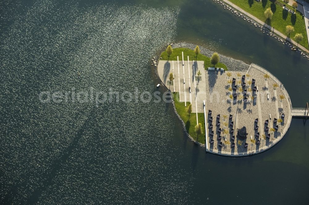 Dortmund from the bird's eye view: Artificial island culture Phoenix lake in Dortmund in North Rhine-Westphalia. It is a project from the Phoenix lake development corporation