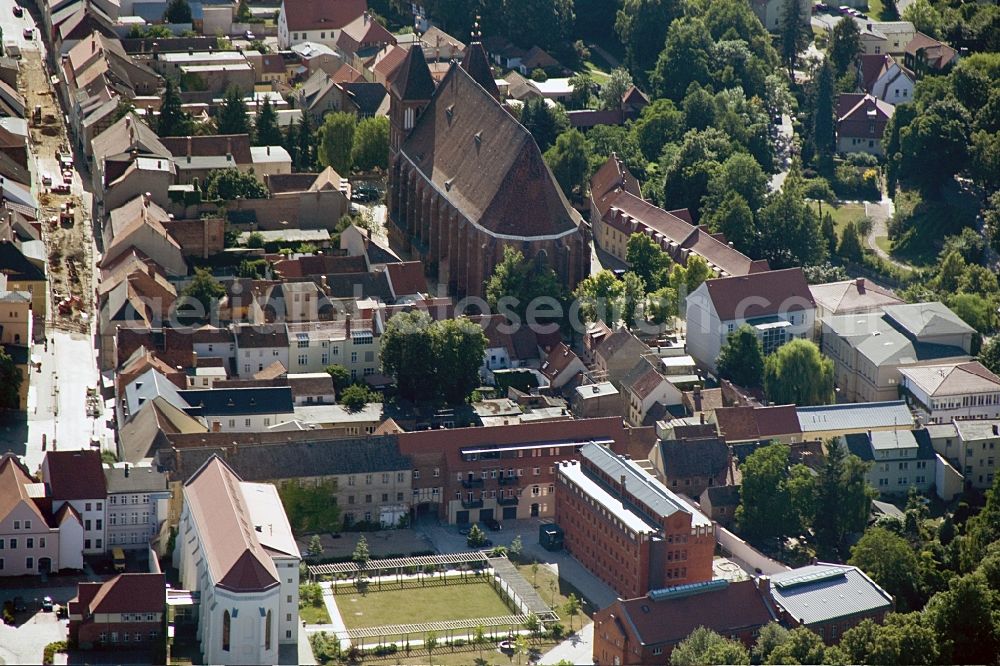 Luckau from above - Culture Church and former prison in the center of Luckau in Brandenburg