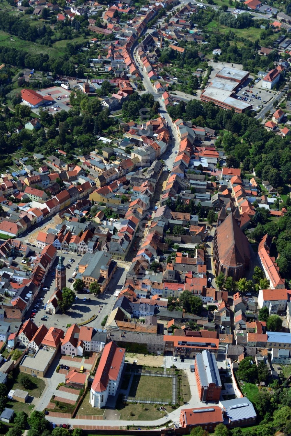 Luckau from the bird's eye view: Culture Church and former prison in the center of Luckau in Brandenburg