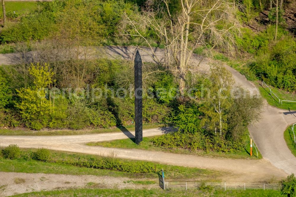 Essen from the bird's eye view: Outdoor art- installation Carbon Obelisk on Emscherinsel in Essen in the state North Rhine-Westphalia