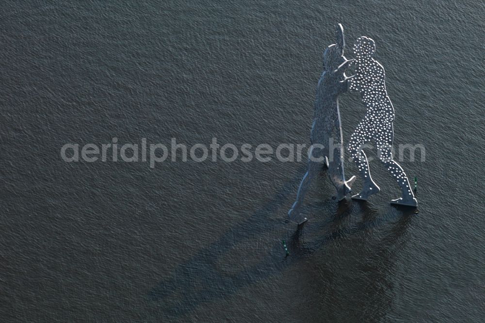 Aerial photograph Berlin - Outdoor art- installation Molecule Man on the water surface on the flux flow of the Spree An den Treptowers in Berlin in Germany