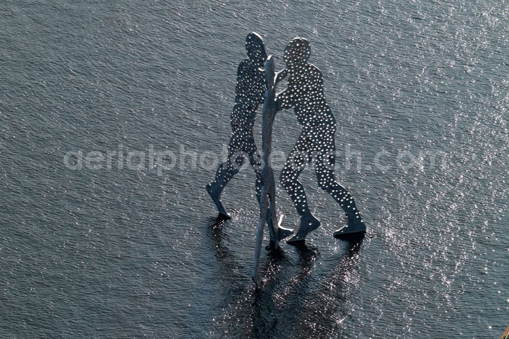 Berlin from above - Outdoor art- installation Molecule Man on the water surface on the flux flow of the Spree An den Treptowers in Berlin in Germany