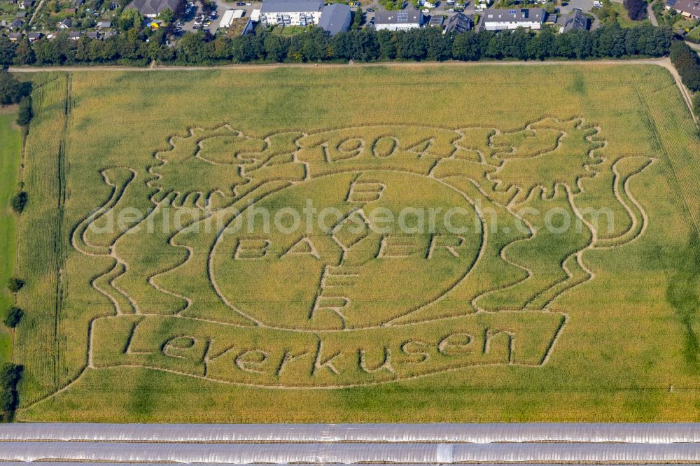 Stadtbezirk 10 from above - Art installation of an open-air sculpture Bayer Leverkusen 1904 in a field on Dietrich-Bonhoeffer-Strasse in district 10 in the state of North Rhine-Westphalia, Germany