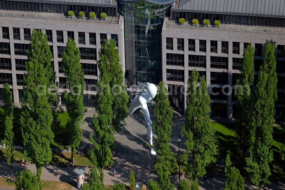 Aerial photograph München - Outdoor art- installation of Walking Man by Jonathan Borofsky on Leopoldstrasse in the district Schwabing-Freimann in Munich in the state Bavaria, Germany