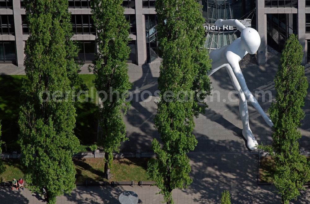 München from above - Outdoor art- installation of Walking Man by Jonathan Borofsky on Leopoldstrasse in the district Schwabing-Freimann in Munich in the state Bavaria, Germany