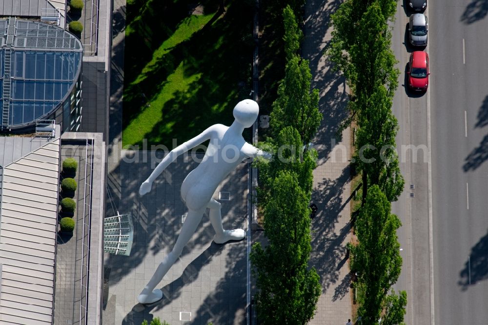 München from the bird's eye view: Outdoor art- installation of Walking Man by Jonathan Borofsky on Leopoldstrasse in the district Schwabing-Freimann in Munich in the state Bavaria, Germany