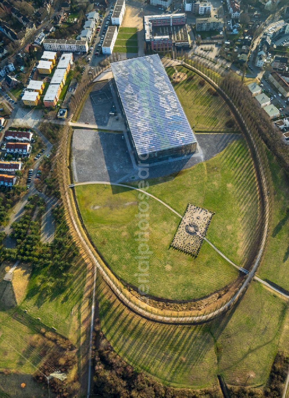 Aerial photograph Herne - Art and landscape installation debris field of Hermann Prigann north of Mont-Cenis Academy in Herne in the state of North Rhine-Westphalia