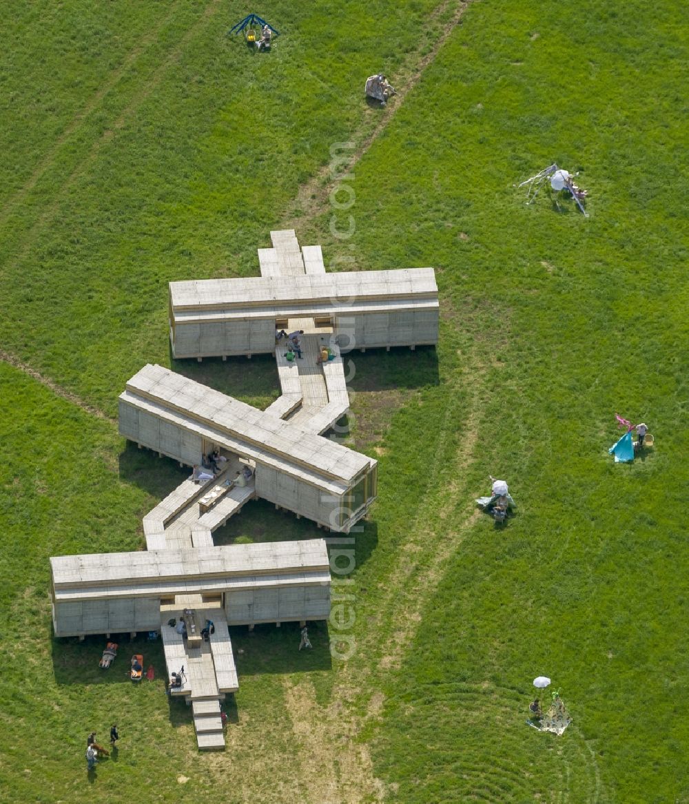 Aerial image Oberhausen Holten - Art work of the artist Ai Weiwei with tents in the dictrict Holten in Oberhausen in North Rhine-Westphalia