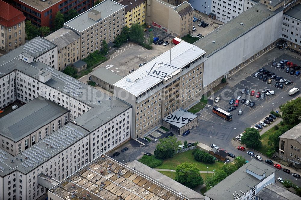 Berlin from above - Top view of an art project on the roof and the forecourt of the Stasi Museum on Rusch St. between Normannen St. and Frankfurter Allee