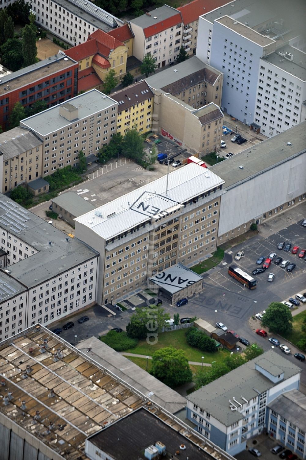 Berlin from the bird's eye view: Top view of an art project on the roof and the forecourt of the Stasi Museum on Rusch St. between Normannen St. and Frankfurter Allee