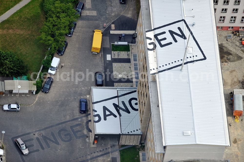 Aerial photograph Berlin - Top view of an art project on the roof and the forecourt of the Stasi Museum on Rusch St. between Normannen St. and Frankfurter Allee