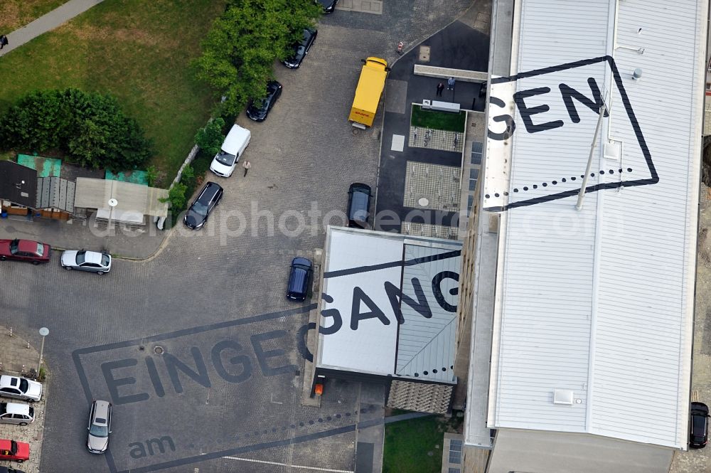 Berlin from the bird's eye view: Top view of an art project on the roof and the forecourt of the Stasi Museum on Rusch St. between Normannen St. and Frankfurter Allee