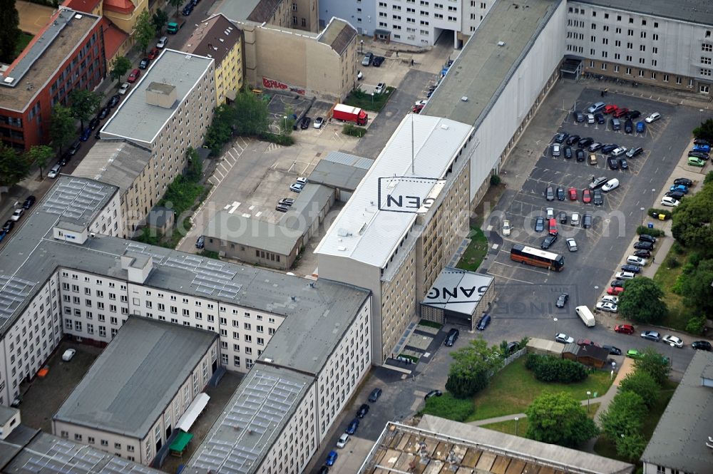 Berlin from above - Top view of an art project on the roof and the forecourt of the Stasi Museum on Rusch St. between Normannen St. and Frankfurter Allee