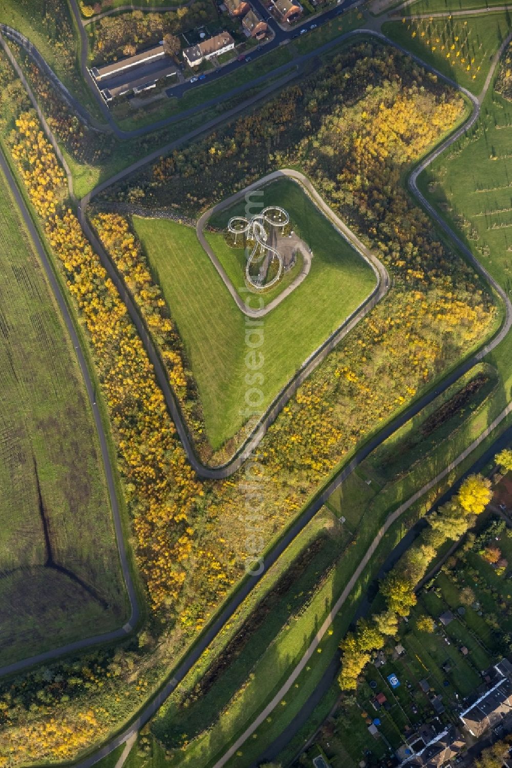 Aerial image Duisburg - Artwork Tiger and Turtle Magic Mountain in Anger Park in Duisburg in the Ruhr area in North Rhine-Westphalia