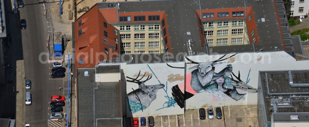 Aerial photograph Berlin - A work by the artist Hiroyasu Tsuri alias Two One in the backyard of a residential building in Berlin-Mitte. You can see the picture of a women with several animals on the wall of a backyard parking in the Klosterstrasse