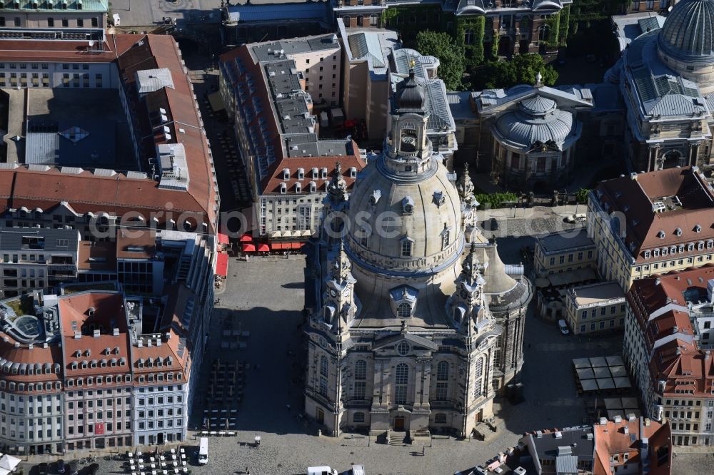 Dresden from the bird's eye view: View of the restored Frauenkirche in Dresden, the Evangelical-Lutheran Church of the Baroque and monumental building on the Neumarkt