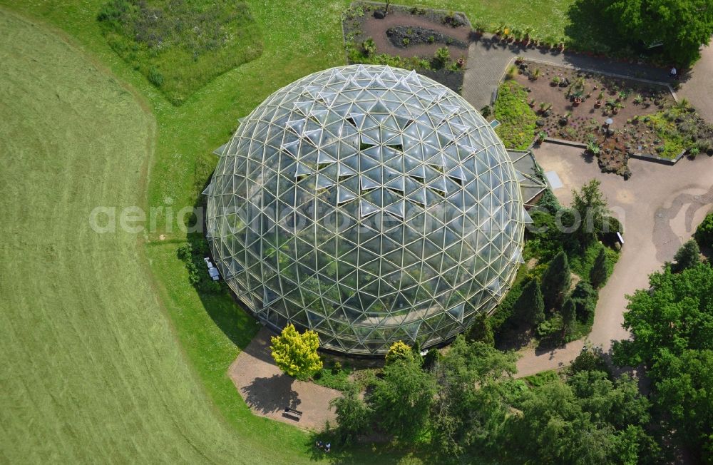 Düsseldorf from the bird's eye view: Cold greenhouse in the botanical garden of the Heinrich-Heine-University the Institute of Botany in the district Bilk in Düsseldorf in the state North Rhine-Westphalia. The greenhouse was built by the architect Georg Lippsmeier and Partners. The building is made of plexiglass plates