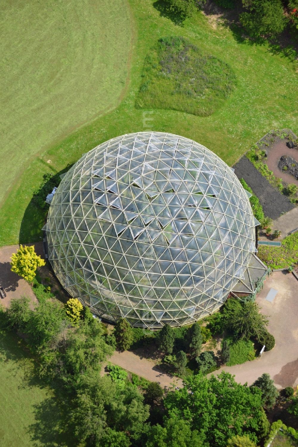 Aerial photograph Düsseldorf - Cold greenhouse in the botanical garden of the Heinrich-Heine-University the Institute of Botany in the district Bilk in Düsseldorf in the state North Rhine-Westphalia. The greenhouse was built by the architect Georg Lippsmeier and Partners. The building is made of plexiglass plates