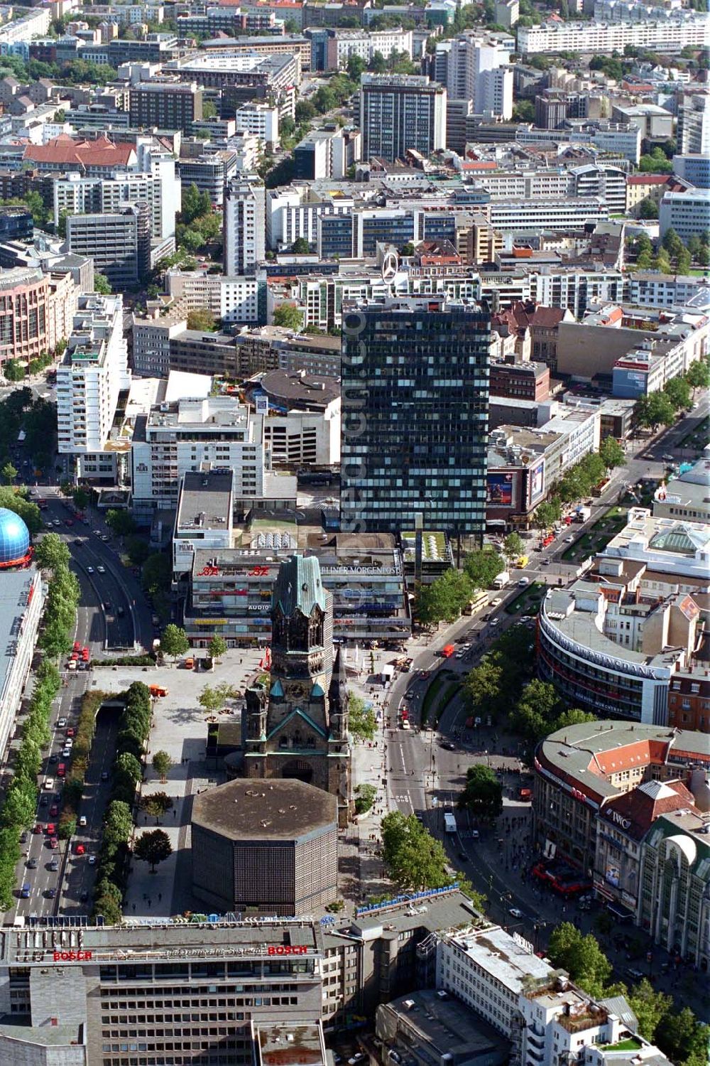 Berlin - Charlottenburg from above - Kurfürstendamm, Gedächtnisskirche und Breitscheidplatz in Berlin - Charlottenburg.