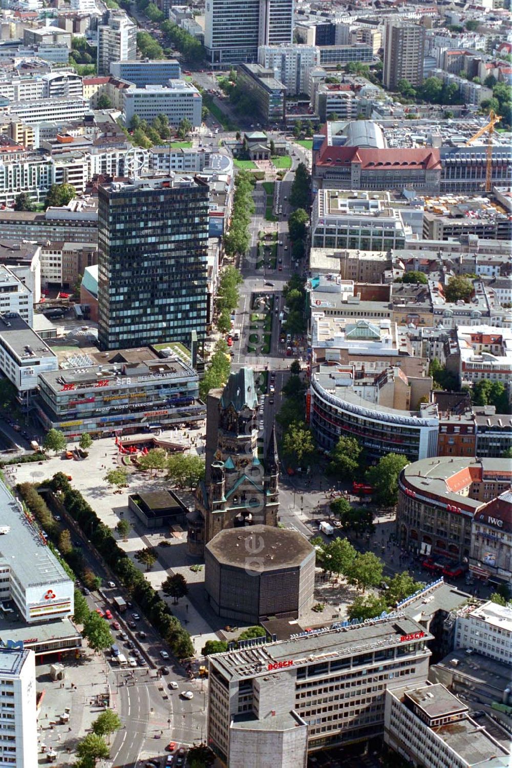 Berlin - Charlottenburg from the bird's eye view: Kurfürstendamm, Gedächtnisskirche und Breitscheidplatz in Berlin - Charlottenburg.