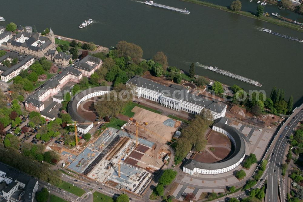 Aerial photograph Koblenz - Electoral castle at the time of arrangements of the federal garden show in Koblenz in Rhineland-Palatinate. It is part of the UNESCO World Heritage List