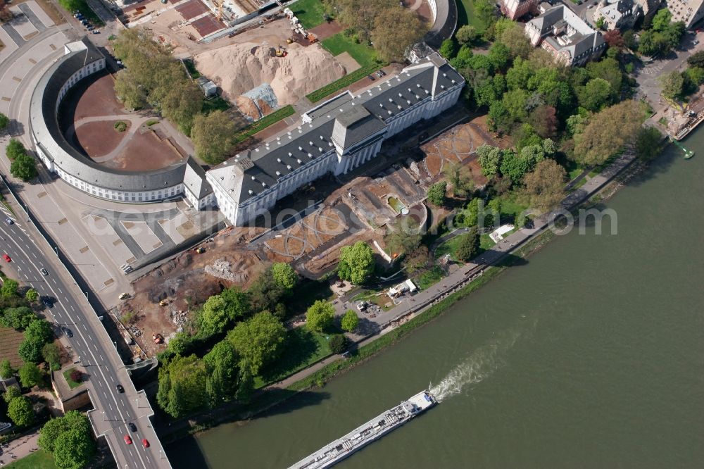 Koblenz from above - Electoral castle at the time of arrangements of the federal garden show in Koblenz in Rhineland-Palatinate. It is part of the UNESCO World Heritage List