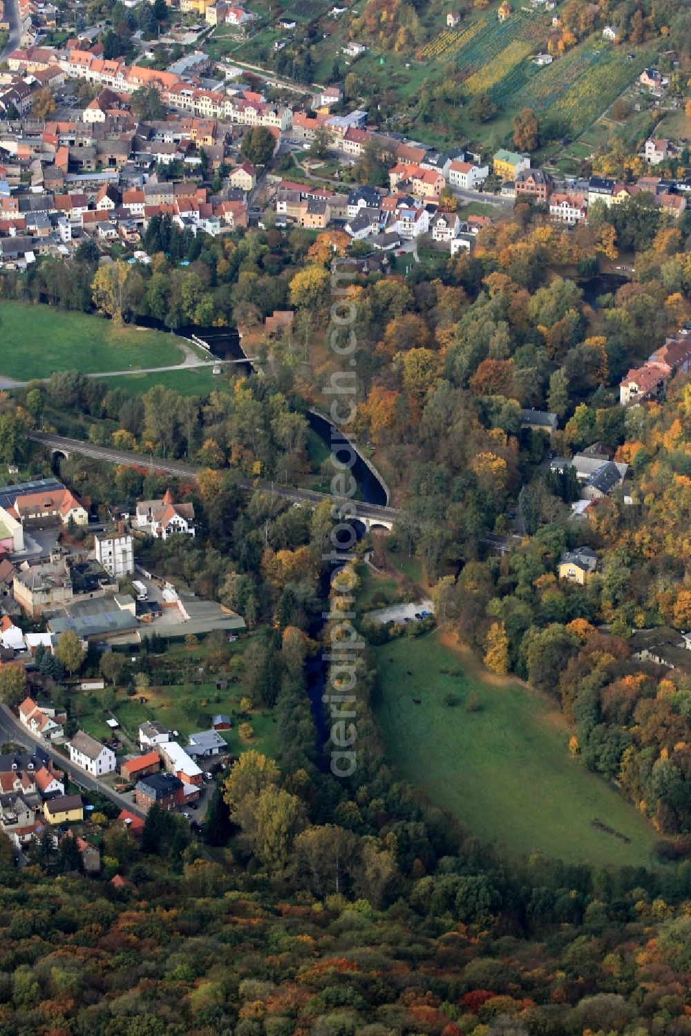 Bad Sulza from the bird's eye view: Park with Viaduct / Bridge over the River Ilm in the city center and vineyards in Bad Sulza in Thuringia