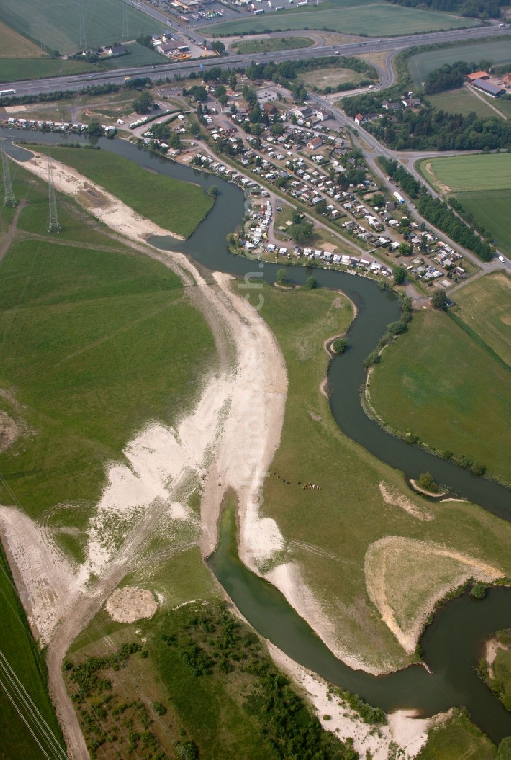 Aerial image Hamm - Curves in the course of the river the lip on the lip Meadows near Hamm in North Rhine-Westphalia