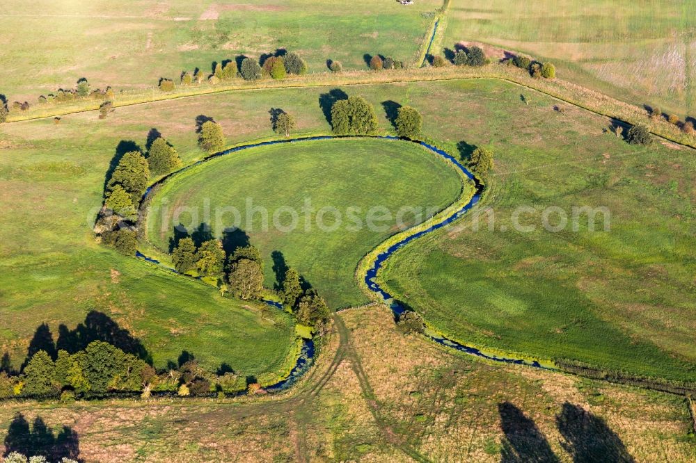 Zweedorf from above - Curved loop of the riparian zones on the course of the river Stecknitz in Zweedorf in the state Mecklenburg - Western Pomerania, Germany