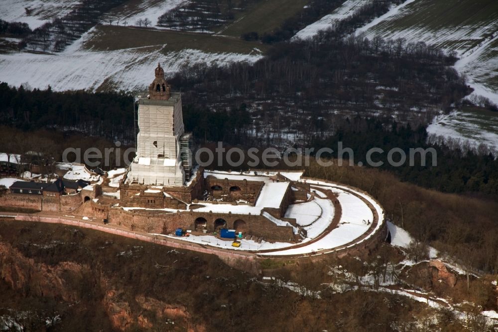 Steinthaleben from the bird's eye view: View the monument Kyffhäuser near Steinthaleben in the state of Thuringia. The building with an equestrian statue was established by the architect Bruno Schmitz in honor of Kaiser Wilhelm I from 1890 to 1896. The monument, which was affcted by storm, is planed to be restored by the company Romstedt Technologies for Restorers GmbH until November 2013. The necessary scaffold is provided by the company Franke & Wagner GmbH