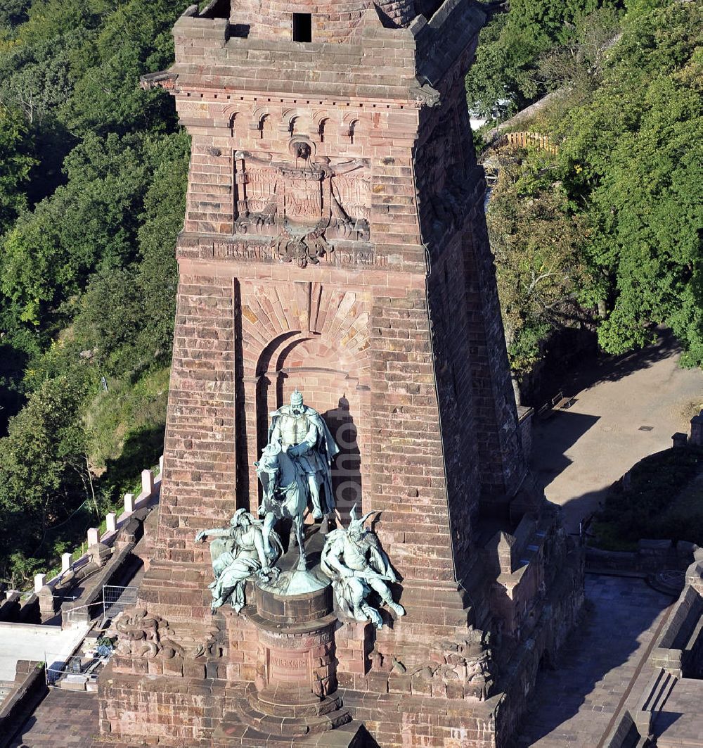 Bad Frankenhausen from the bird's eye view: Blick auf das Kyffhäuserdenkmal in Bad Frankenhausen. Das Kyffhäuserdenkmal (auch Barbarossadenkmal oder Kaiser-Wilhelm-Denkmal) auf der Kuppe des Kyffhäuserberges wurde 1890 bis 1896 zu Ehren von Kaiser Wilhelm I. errichtet. Es ist das drittgrößte Denkmal Deutschlands. View of the Kyffhäuser monument in Bad Frankenhausen. The Kyffhäuser monument (also Barbarossa Monument or Kaiser-Wilhelm-monument) on the top of the Mount Kyffhäuser was built from 1890 to 1896 in honor of Kaiser Wilhelm I.. It is the third largest monument in Germany.