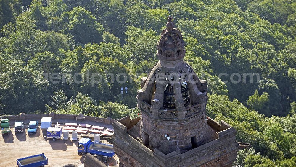 Bad Frankenhausen from above - Blick auf das Kyffhäuserdenkmal in Bad Frankenhausen. Das Kyffhäuserdenkmal (auch Barbarossadenkmal oder Kaiser-Wilhelm-Denkmal) auf der Kuppe des Kyffhäuserberges wurde 1890 bis 1896 zu Ehren von Kaiser Wilhelm I. errichtet. Es ist das drittgrößte Denkmal Deutschlands. View of the Kyffhäuser monument in Bad Frankenhausen. The Kyffhäuser monument (also Barbarossa Monument or Kaiser-Wilhelm-monument) on the top of the Mount Kyffhäuser was built from 1890 to 1896 in honor of Kaiser Wilhelm I.. It is the third largest monument in Germany.