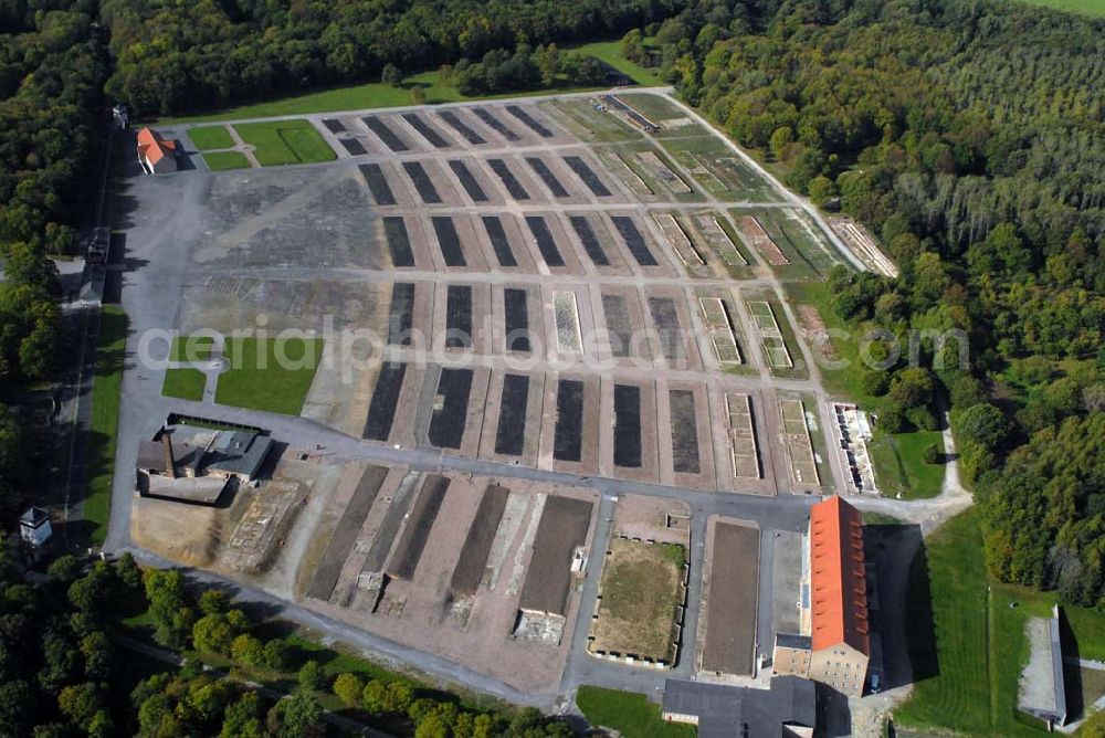 Aerial photograph Weimar - Blick auf das Konzentrationslager Buchenwald, eines der größten Konzentrationslager auf deutschem Boden. Es wurde zwischen Juli 1937 und April 1945 auf dem Ettersberg bei Weimar als Arbeitslager betrieben. Anschrift: Gedenkstätte Buchenwald, 99427 Weimar-Buchenwald; Tel. 03643/4300;