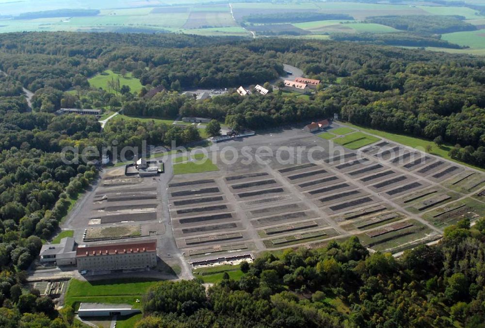 Weimar from the bird's eye view: Blick auf das Konzentrationslager Buchenwald, eines der größten Konzentrationslager auf deutschem Boden. Es wurde zwischen Juli 1937 und April 1945 auf dem Ettersberg bei Weimar als Arbeitslager betrieben. Anschrift: Gedenkstätte Buchenwald, 99427 Weimar-Buchenwald; Tel. 03643/4300;