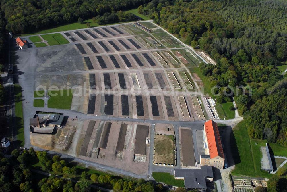 Weimar from the bird's eye view: Blick auf das Konzentrationslager Buchenwald, eines der größten Konzentrationslager auf deutschem Boden. Es wurde zwischen Juli 1937 und April 1945 auf dem Ettersberg bei Weimar als Arbeitslager betrieben. Anschrift: Gedenkstätte Buchenwald, 99427 Weimar-Buchenwald; Tel. 03643/4300;