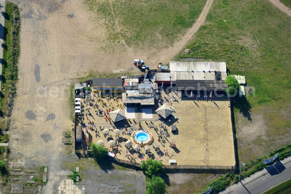 Aerial image Leipzig - La Playa Beach Club in Leipzig in the state of Saxony. The beach club includes a bar, a sand area and a small pool and is located in an open space on Zwickauer Strasse