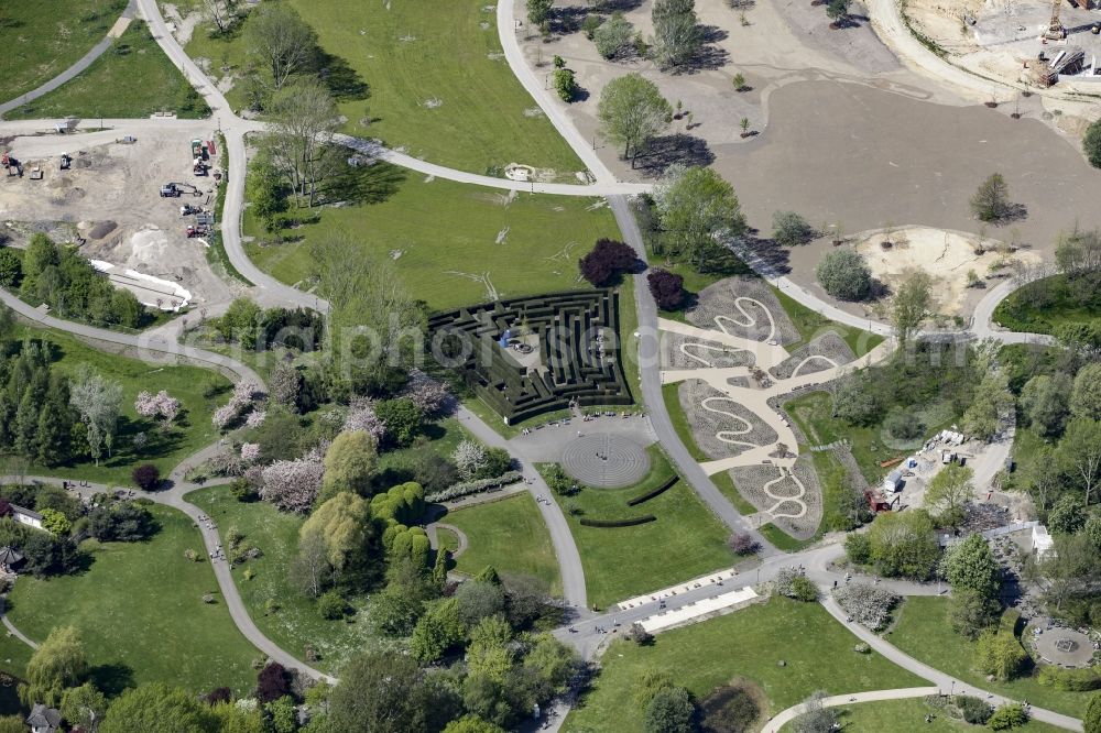 Berlin from above - Labyrinth - maze in the Gaerten der Welt park on the premises of the IGA 2017 in the district of Marzahn-Hellersdorf in Berlin. The heart of the International garden exibition will be the Gaerten der Welt - area