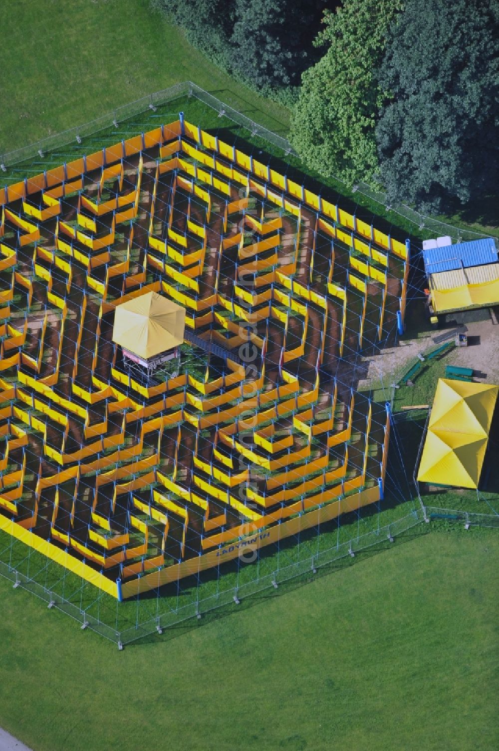 Bonn from above - view of the labyrinth in the Rhine Garden at the Petra Kelly Avenue in Bonn in North Rhine-Westphalia. The labyrinth is from June to September open to the public. The routes are changed regularly